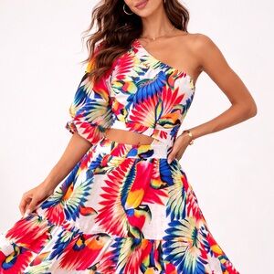Farm Rio Toucan Print One-Shoulder Cutout Midi Dress Linen Blend NWT Small